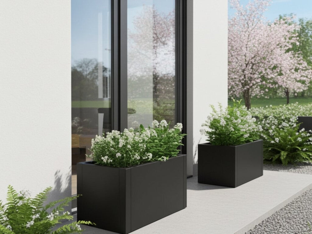 Sorte plantekasser i stål med blomstrende planter ved moderne facade
