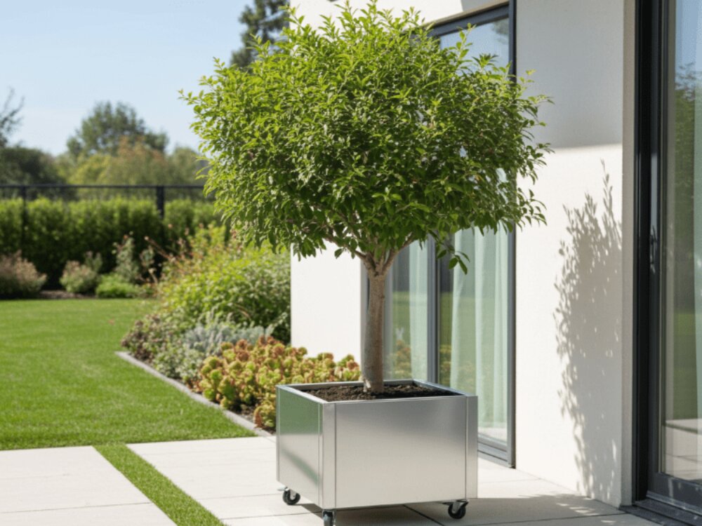 Plantekasse i galvaniseret stål på hjul med opstammet træ ved terrasse