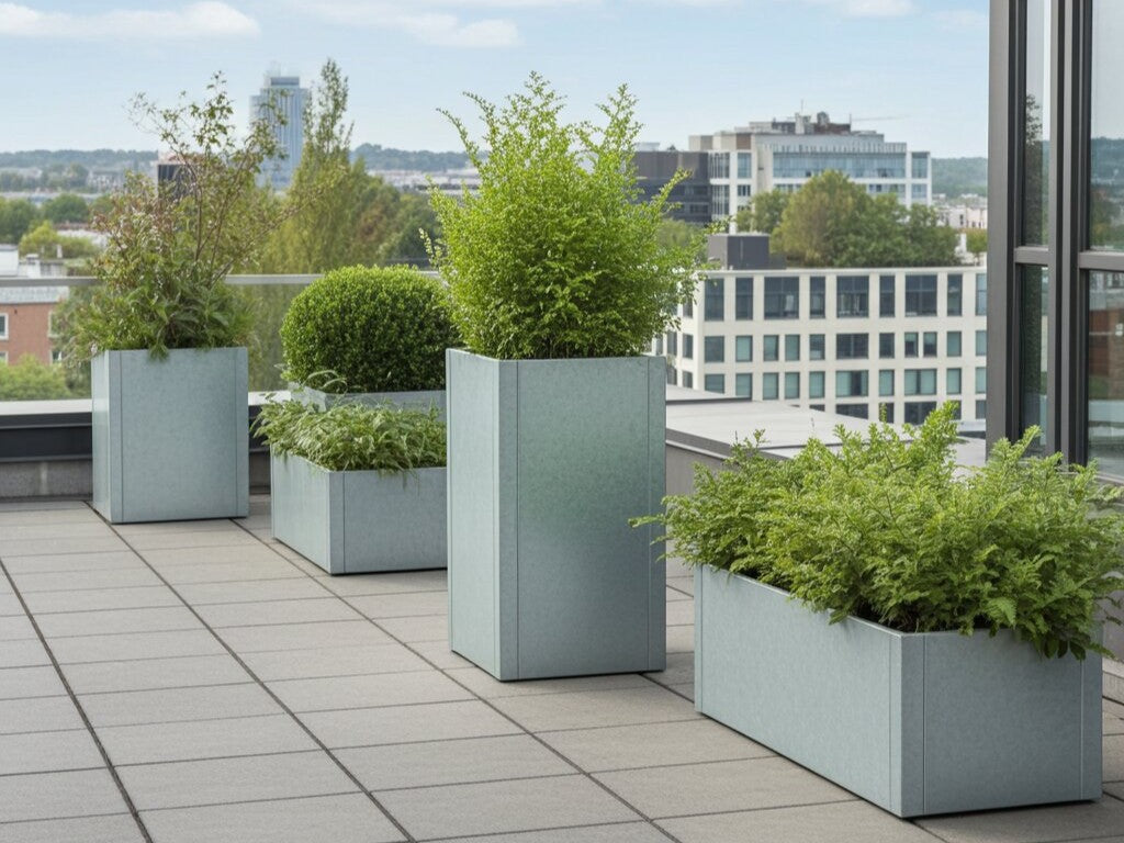Moderne plantekasser i galvaniseret stål på terrasse med grønne planter i forskellige højder