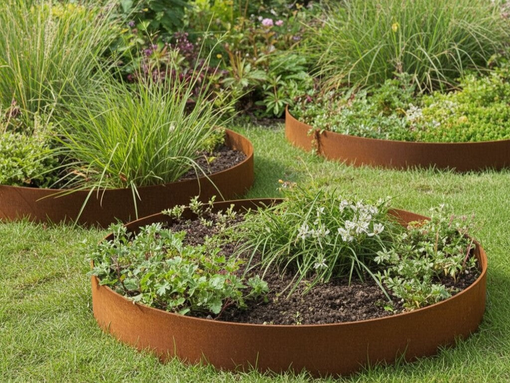 Runde bedringe i cortenstål med stauder og prydgræsser på græsplæne