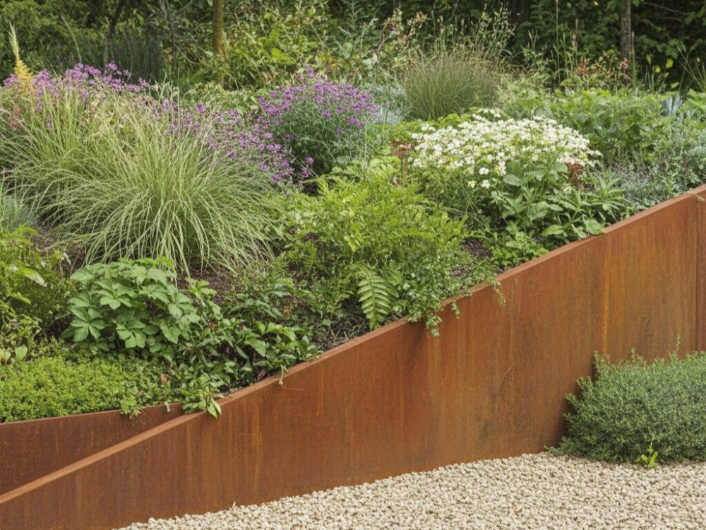 Skrånende støttemur i cortenstål med blomster og græsser i havebed