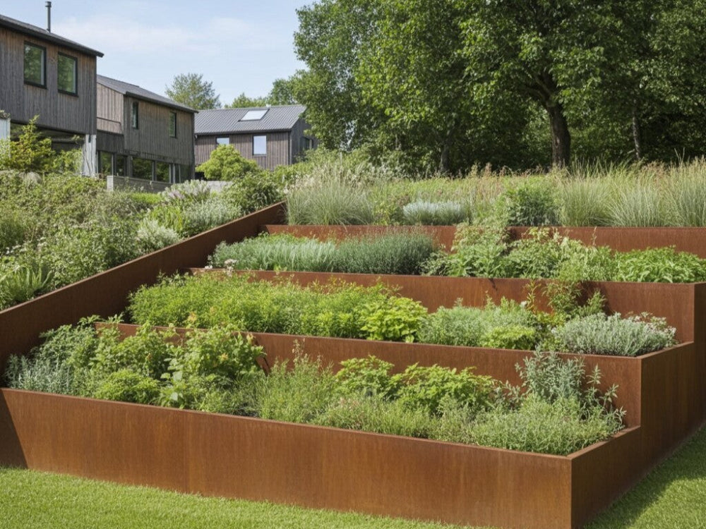 Terrasseret skrånende støttemur i cortenstål med stauder