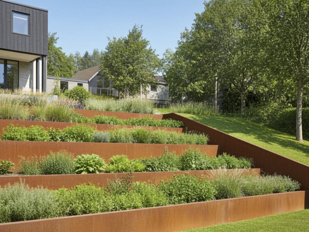 Skrånende støttemur i cortenstål i terrasseret landskabshave
