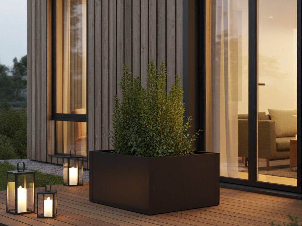 Sort plantekasse i stål med buske ved terrasse i aftenbelysning
