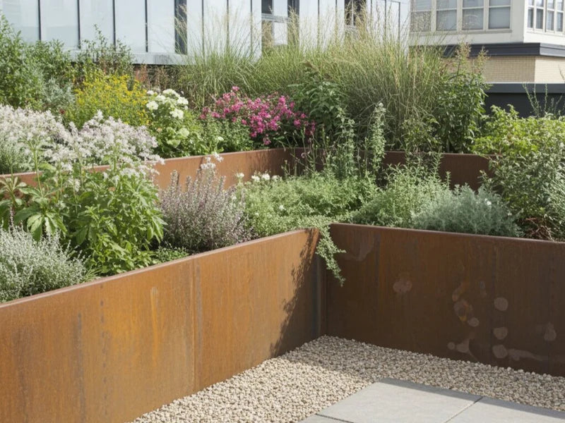 Støttemur i cortenstål med blomster og prydgræsser i moderne havebed