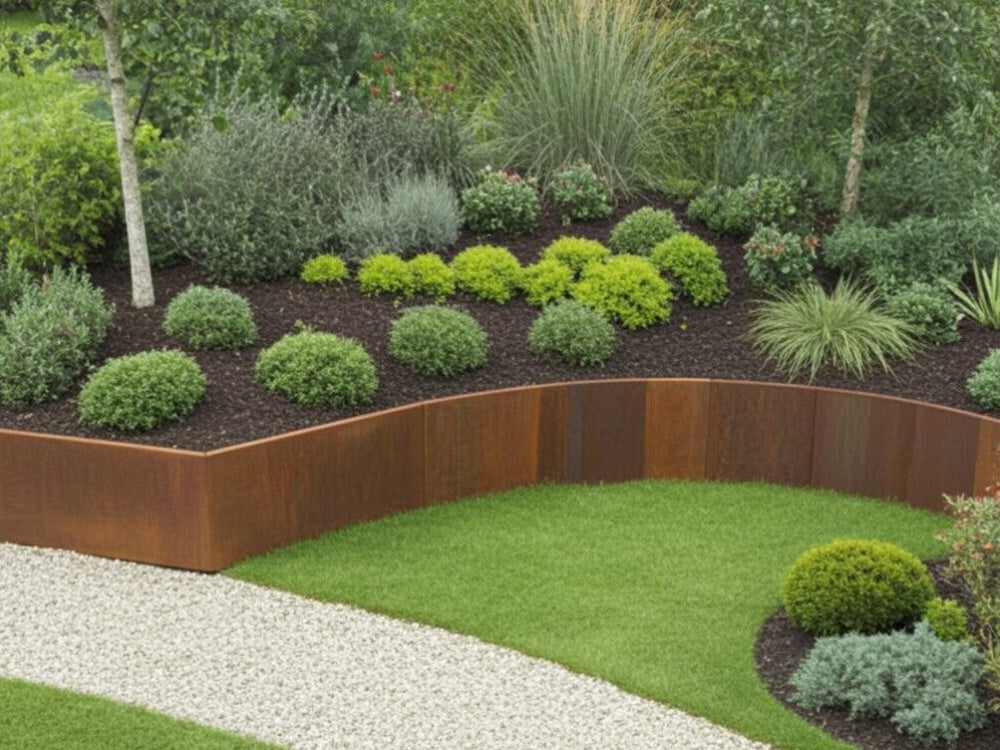 Buet støttemur i cortenstål med staudebed i landskabshave