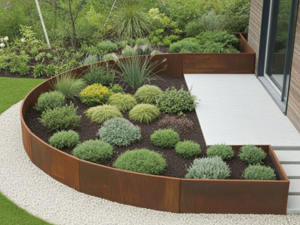 Buet støttemur i cortenstål omkring plantebed ved terrasse