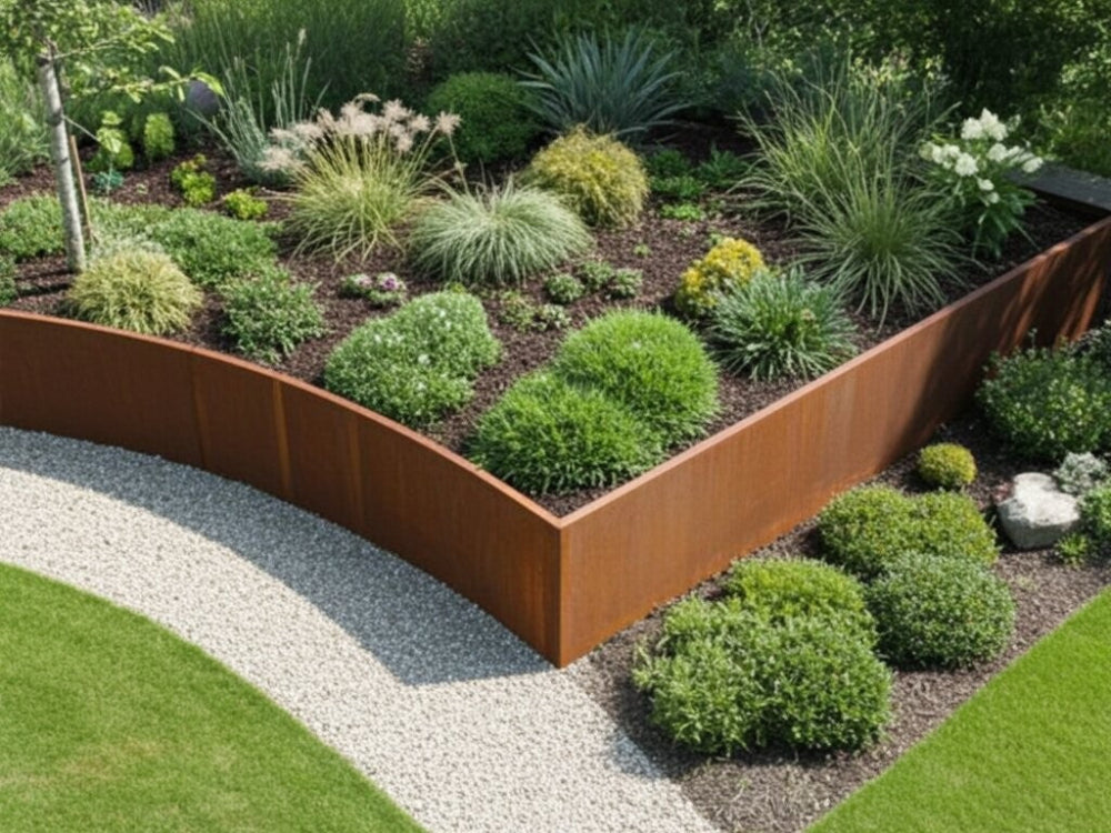 Støttemur i cortenstål med hjørne omkring plantebed ved grussti