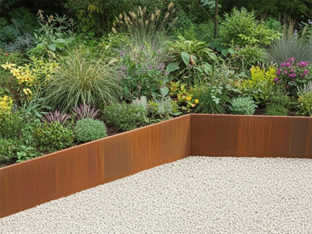 Indvendigt hjørne 45 grader til støttemur i cortenstål i landskabshave