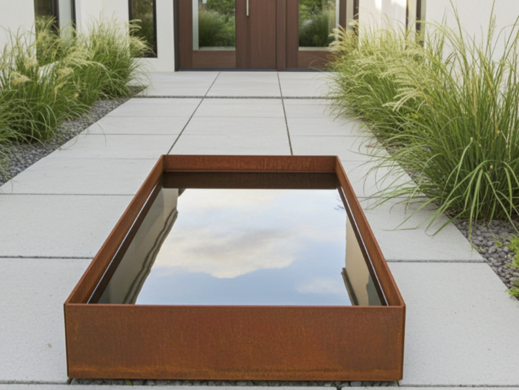 Vandspejl i cortenstål i minimalistisk design, placeret ved indgangsparti og skaber rolige refleksioner af omgivelserne.