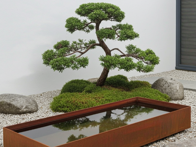 Vandspejl i cortenstål med varm rustfarve, placeret i en nordisk have hvor vandets overflade reflekterer omgivelserne.