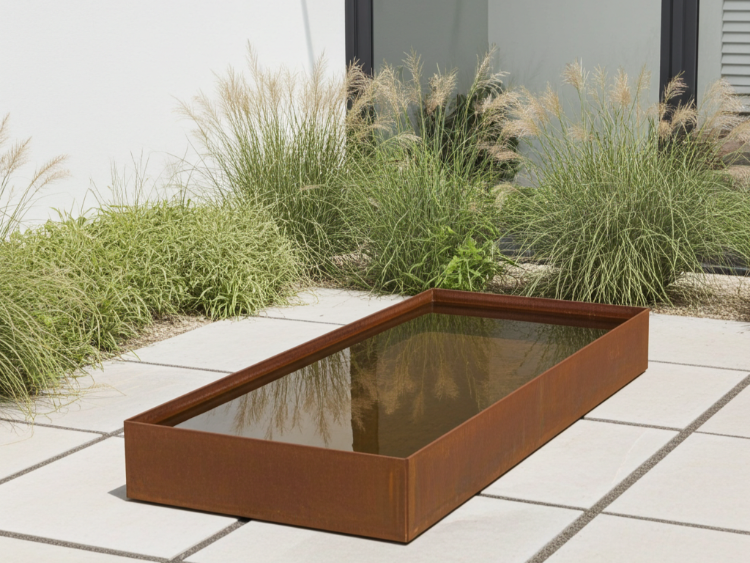 Moderne vandspejl i minimalistisk design, placeret i haven og skaber rolige refleksioner af omgivelserne.