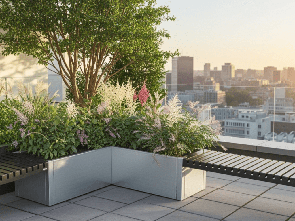 Vinkel plantekasse i galvaniseret stål på tagterrasse med udsigt over byen