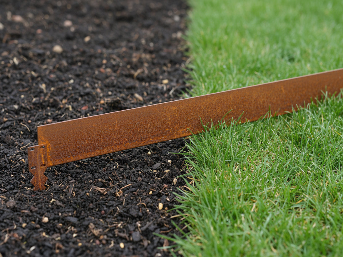 Græskant bedafgrænsning i cortenstål med samlespyd - flere størrelser