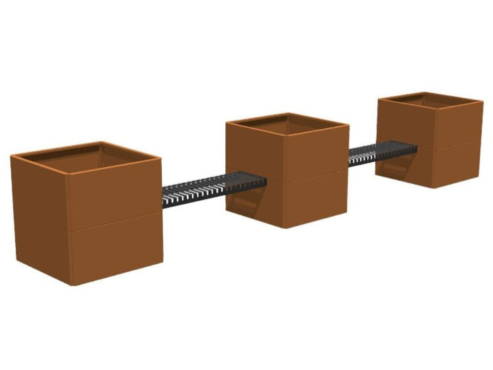 Tre EDGY plantekasser i cortenstål forbundet med to bænkmoduler